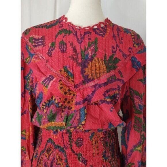 FARM Rio Mini Dress M  Tapestry Tropical Smocked Ruffle…Blush Pink Sunset - Picture 9 of 16